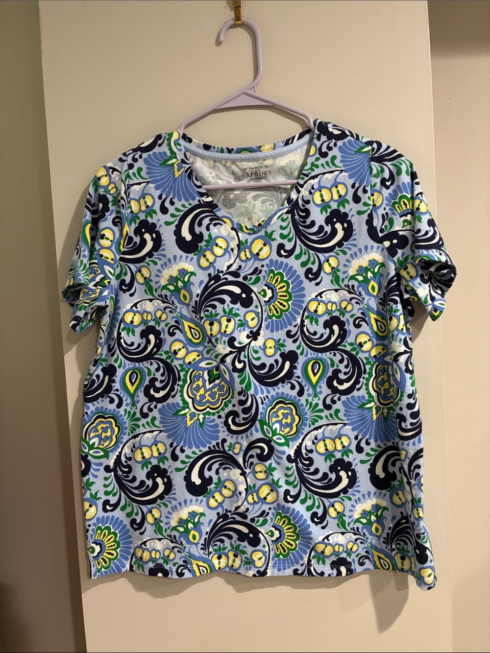 Talbots Plus Size Cotton Blue Floral Pattern Short Sleeve Top